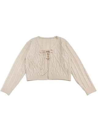 Berry Snow Pastel Delicate Loose Fit Ribbon Eyelet Mohair Twisted Wool Knit V-Neck Cardigan