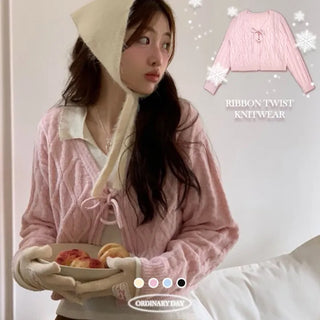 Berry Snow Pastel Delicate Loose Fit Ribbon Eyelet Mohair Twisted Wool Knit V-Neck Cardigan