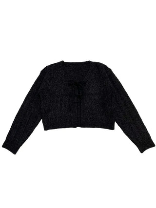 Berry Snow Pastel Delicate Loose Fit Ribbon Eyelet Mohair Twisted Wool Knit V-Neck Cardigan