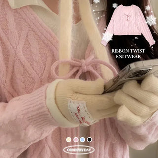 Berry Snow Pastel Delicate Loose Fit Ribbon Eyelet Mohair Twisted Wool Knit V-Neck Cardigan