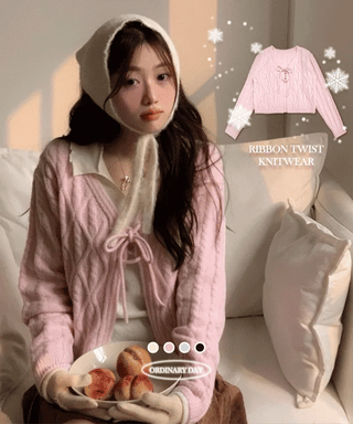Berry Snow Pastel Delicate Loose Fit Ribbon Eyelet Mohair Twisted Wool Knit V-Neck Cardigan