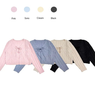 Berry Snow Pastel Delicate Loose Fit Ribbon Eyelet Mohair Twisted Wool Knit V-Neck Cardigan