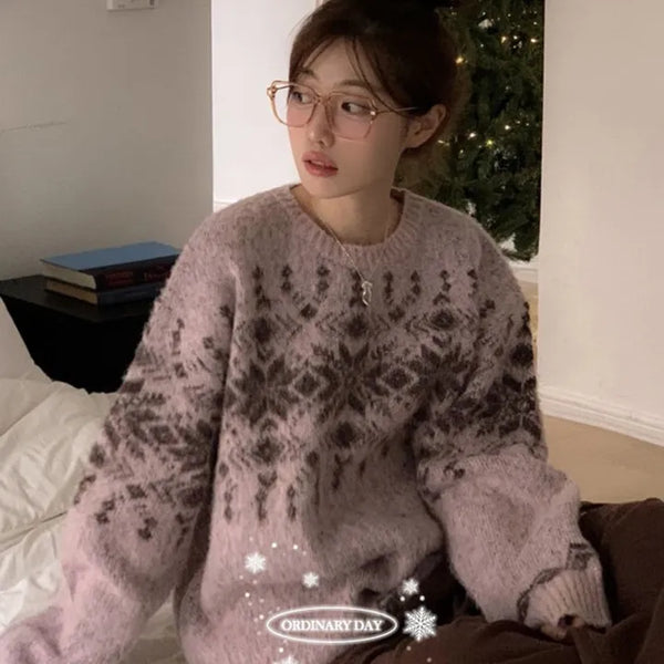 Giselle Snowflake Nordic Hand Warmer Brush Hairy Soft Color Block Loose Fit Long Knit