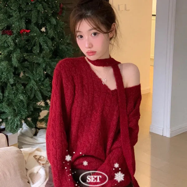 Delus twisted loose fit shibori V-neck wool knit muffler set