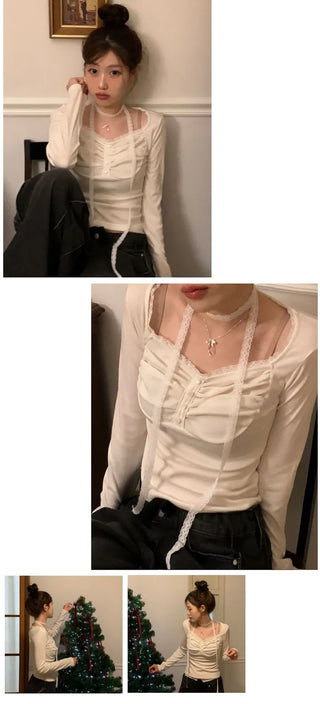 Miff lace muffler, bean button shirring, fleece long-sleeved t-shirt set