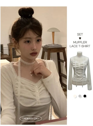 Miff lace muffler, bean button shirring, fleece long-sleeved t-shirt set