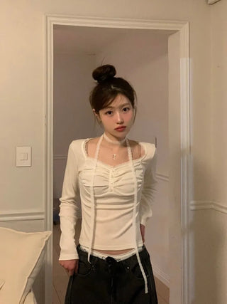 Miff lace muffler, bean button shirring, fleece long-sleeved t-shirt set