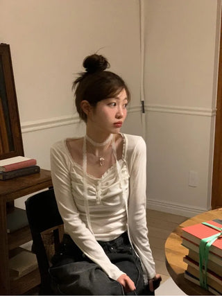 Miff lace muffler, bean button shirring, fleece long-sleeved t-shirt set