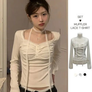 Miff lace muffler, bean button shirring, fleece long-sleeved t-shirt set