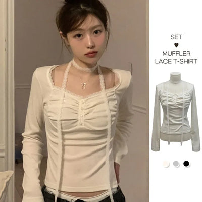 Miff lace muffler, bean button shirring, fleece long-sleeved t-shirt set