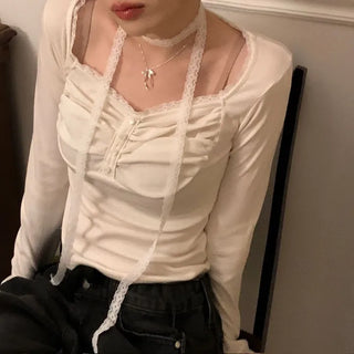 Miff lace muffler, bean button shirring, fleece long-sleeved t-shirt set