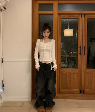 Miff lace muffler, bean button shirring, fleece long-sleeved t-shirt set
