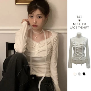 Miff lace muffler, bean button shirring, fleece long-sleeved t-shirt set