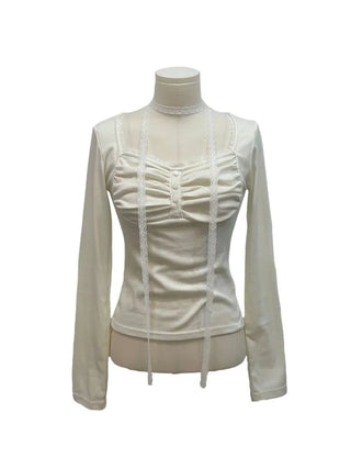 Miff lace muffler, bean button shirring, fleece long-sleeved t-shirt set