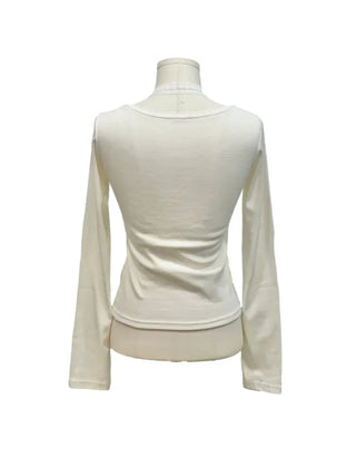 Miff lace muffler, bean button shirring, fleece long-sleeved t-shirt set