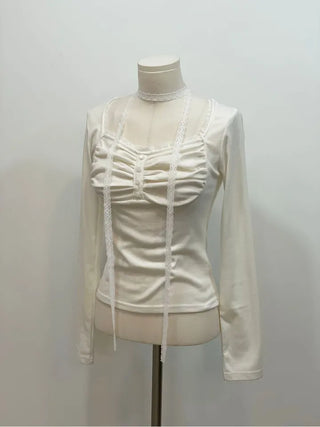 Miff lace muffler, bean button shirring, fleece long-sleeved t-shirt set