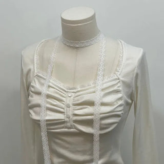 Miff lace muffler, bean button shirring, fleece long-sleeved t-shirt set
