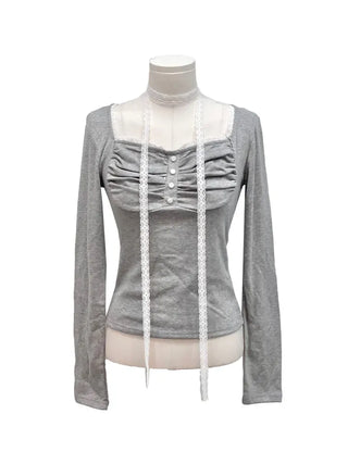 Miff lace muffler, bean button shirring, fleece long-sleeved t-shirt set