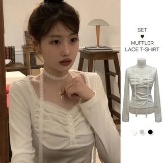 Miff lace muffler, bean button shirring, fleece long-sleeved t-shirt set