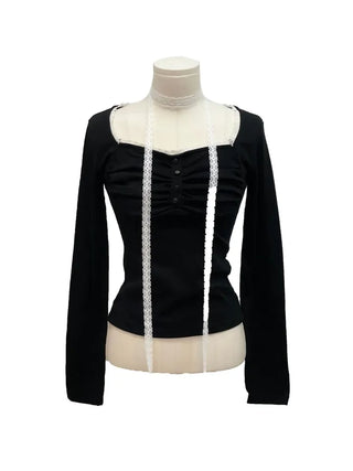 Miff lace muffler, bean button shirring, fleece long-sleeved t-shirt set