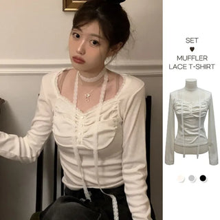 Miff lace muffler, bean button shirring, fleece long-sleeved t-shirt set