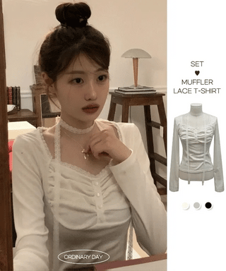 Miff lace muffler, bean button shirring, fleece long-sleeved t-shirt set