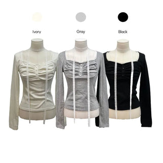 Miff lace muffler, bean button shirring, fleece long-sleeved t-shirt set