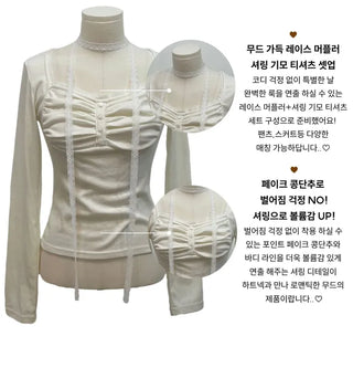 Miff lace muffler, bean button shirring, fleece long-sleeved t-shirt set