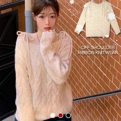 Ena Ribbon Twisted Cable Boat Neck Off-Shoulder Loose Fit Long Sleeve Knit