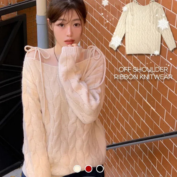 Ena Ribbon Twisted Cable Boat Neck Off-Shoulder Loose Fit Long Sleeve Knit