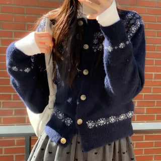 Letter Romantic Nordic Snowflake Winter Round Neck Loose Fit Wool Knit Cardigan