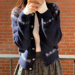 Letter Romantic Nordic Snowflake Winter Round Neck Loose Fit Wool Knit Cardigan