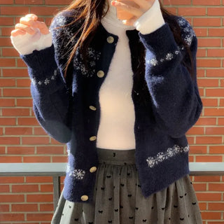 Letter Romantic Nordic Snowflake Winter Round Neck Loose Fit Wool Knit Cardigan