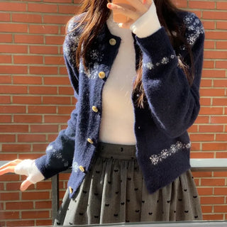 Letter Romantic Nordic Snowflake Winter Round Neck Loose Fit Wool Knit Cardigan