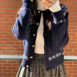 Letter Romantic Nordic Snowflake Winter Round Neck Loose Fit Wool Knit Cardigan