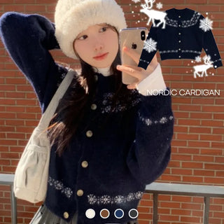Letter Romantic Nordic Snowflake Winter Round Neck Loose Fit Wool Knit Cardigan