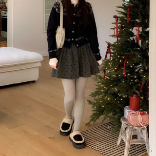Letter Romantic Nordic Snowflake Winter Round Neck Loose Fit Wool Knit Cardigan