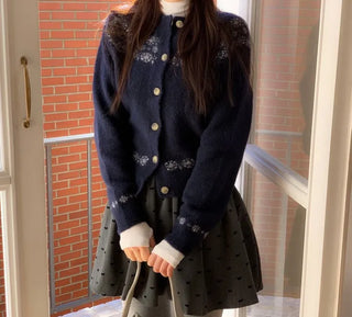 Letter Romantic Nordic Snowflake Winter Round Neck Loose Fit Wool Knit Cardigan