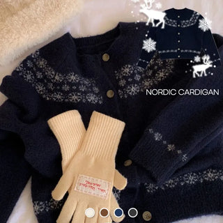 Letter Romantic Nordic Snowflake Winter Round Neck Loose Fit Wool Knit Cardigan