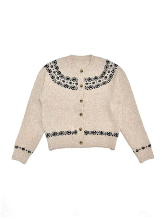 Letter Romantic Nordic Snowflake Winter Round Neck Loose Fit Wool Knit Cardigan