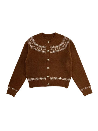Letter Romantic Nordic Snowflake Winter Round Neck Loose Fit Wool Knit Cardigan