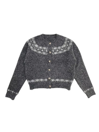 Letter Romantic Nordic Snowflake Winter Round Neck Loose Fit Wool Knit Cardigan