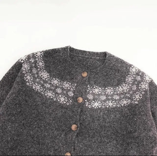 Letter Romantic Nordic Snowflake Winter Round Neck Loose Fit Wool Knit Cardigan