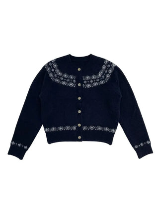 Letter Romantic Nordic Snowflake Winter Round Neck Loose Fit Wool Knit Cardigan