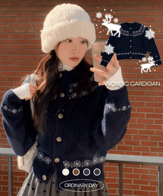 Letter Romantic Nordic Snowflake Winter Round Neck Loose Fit Wool Knit Cardigan