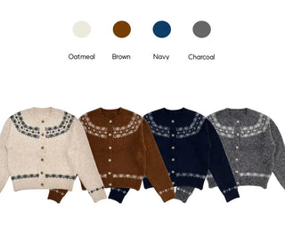 Letter Romantic Nordic Snowflake Winter Round Neck Loose Fit Wool Knit Cardigan