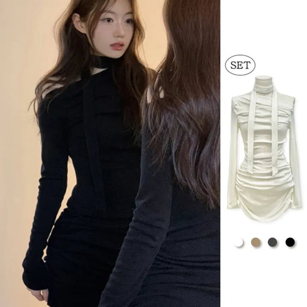 Presence shirring one-shoulder drape fleece one-piece muffler set