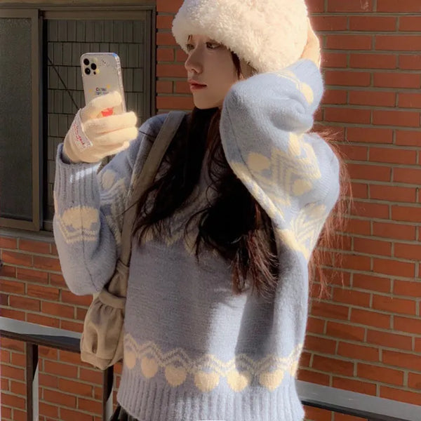 Sofu Winter Heart Nordic Pattern Color Block Round Neck Loose Fit Knit