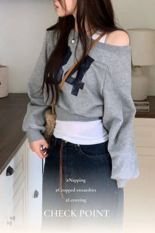 Melted concave one-shoulder lettering shibori crop fleece loose man-to-man