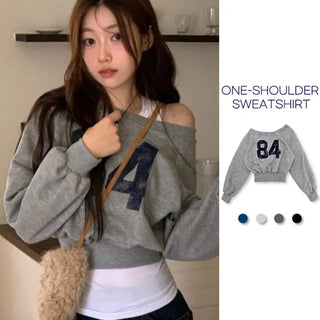Melted concave one-shoulder lettering shibori crop fleece loose man-to-man
